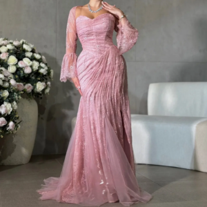 Elegant Ladies Wedding Party Dress Sweetheart Pink Lace Long Sleeve Evening Dress Formal Ball Dress Customization