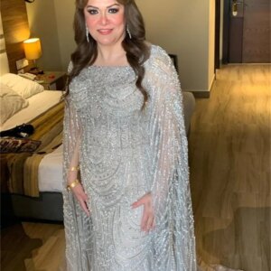 Muslim Dubai Cape Sleeve Silver Evening Dresses 2024 Robe De Soiree Customized Plus Size Prom Dress Long Beaded Women Party Gown