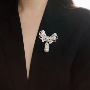 Bowknot Brooch For Women Fine Jewelry Fresh Water Baroque Pearl Vintage Style 925Sterling Silver With Cubic Zirconia Luxury Gift
