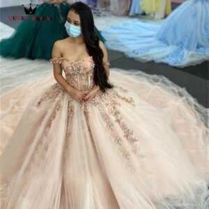 Pink Off The Shoulder Ball Gown Quinceanera Dress Exquisite 3D Flower Sweet 16 vestido de 15 anos quinceanera Custom Made LJ33