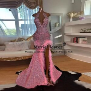 Aso Ebi Pink Sequins Mermaid Long Prom Dresses For Black Girls Halter Neck Crystals Beaded Evening Party Gowns vestidos de gala