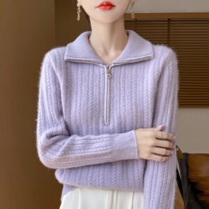 Fall/Winter 2024 New 100 Pure Wool Sweater Women’s High Lapel Zipper Solid Color Pullover Long Sleeve Wool Knit Base Layer