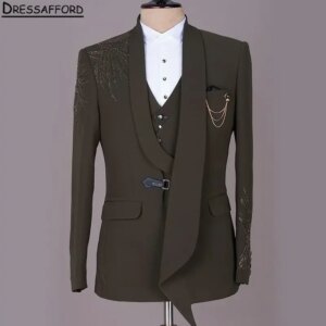 Khaki Formal Wedding Suits Beading Crystal Men’s Business Suit 2 Pieces (Jacket+Pants) Man Tuxedo Groom Wear