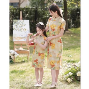 Single Silk Mid-Length Linen Parent-Child Cheongsam Qi Pao Summer New Retro Ethnic Style Girls’ Daily Chinese
