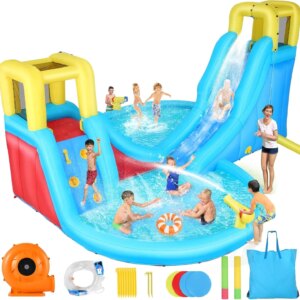 Inflatable Water Slides for Kids – Blow Up Water Park with Climbing Wall, Water Gun, 2 Pool Slides