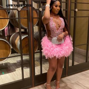 Shocked Pink Festhers Rhinestone Beading Prom Dresses Black Girls Mermaid Luxury Birthday Dress Party Gown African Customized