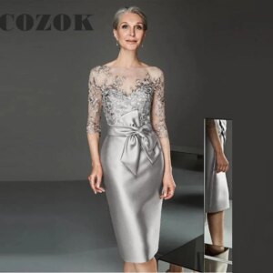 Satin Silver Short Knee Length Lace Mother of the Bride Dresses Three Quarter Sleeves Formal Wedding Guest Gowns SX44