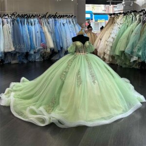 Sage Green Puff Off The Shulder Beaded Lace Appliques Quinceanera Dresses for Sweet 15 Year Puffy Ball Gown Princess Customized