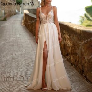 Elegant Boho A line Wedding Dress strap lace applique chiffon bride dress robe de mariee A line Wedding Bridal Gown