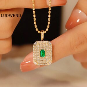 LUOWEND 18K Yellow Gold Necklace Fashion INS Style Luxury Diamond Jewelry Natural Swat Emerald Necklace for Women Party Jewelry