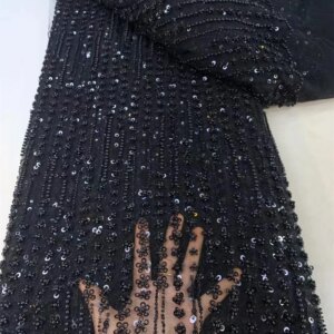 Black Latest French Tulle Beaded Sequin Lace Fabric 5 Yards 2024 High Quality Nigerian African Lace Fabric For Wedding Party