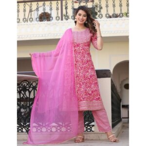 Embroidery Work Pakistani Pink Anarkali Kurti Pant & Dupatta Salwar Dress