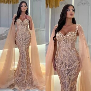 Stunning Pearls Prom Dresses With Cape Elegant Sequined Pearls Evening Dress Sweetheart Celebrity Party Gown Customized