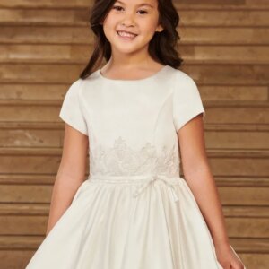 Flower Girls Dresses Ivory Satin Flory Embroidery With Bow Belt Short Sleeve For Wedding Birthday Party Banquet Princess Gowns