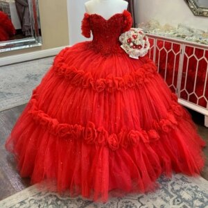 Red Sweetheart Shiny Quinceanera Dress Off Shoulder Lace Flowers Beads Tull Party Princess Sweet 16 Ball Gown Vestidos De 15Años