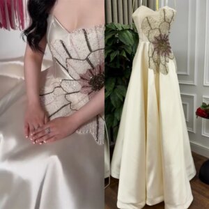 Customized Exquisite Satin Beading Party Dress Sparkly Pearls and Sequined Evening Dress Classic Sweetheart A-Line Prom Gowns