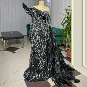 Luxury Black Off Shoulder Mermaid Evening Dresses Shiny Crystal Sequins Prom Dress Feather Train Celebrity Dresses Customized