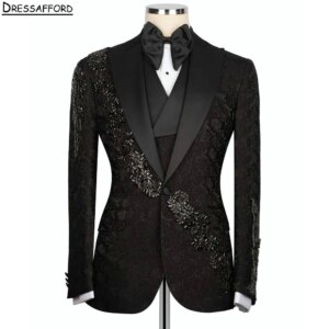 Black Jacquard Men Business Sequined Appliques Formal Occasion Tuxedos Grooms Wedding Party Prom Male Suit 2 Piece Blazer Pants
