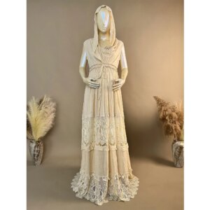 Don&Judy Bohemian Lace Cotton Maternity Dress With Hood Sleeveless Rustic Pregnancy Women Photo Shooting Party Gown Floor Length