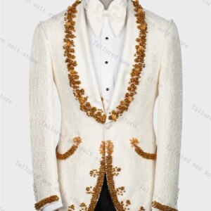 Groom Men Suits Pants Set 2 Pcs Crystals White Blazer+Black Trousers Cotton Wedding Tuxedos Prom Jacket Formal One Button Coat