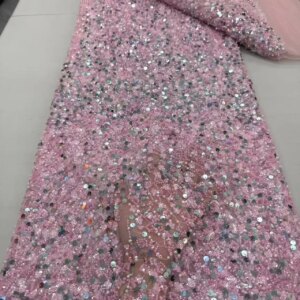 African Beaded Lace Fabric 2025 High Quality Elegant French Nigerian Sequin Tulle Lace Fabric For a Wedding Party Dress Sewn
