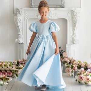 Custom Princess Gowns Flower Girl Dresses Sky Blue Satin With Bow Pearls Short Sleeve For Wedding Birthday Party Prom Banquet