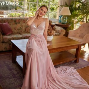 Customized Prom Gown Evening Women YPMWZX Spaghetti Strap A-line Floor Length Sequin Skirts Draped Bespoke Occasion Dresses For