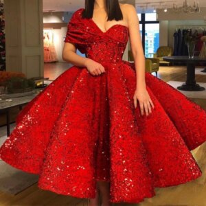 Sexy One-Shoulder Tea-Length Prom Dresses Sparkly Sequins A-Line Formal Evening Party Ball Gown Custom Robes De Soirée