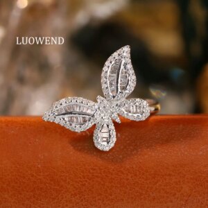 LUOWEND 100% 18K White Gold Rings Women Real Natural Diamond Engagement Ring Elegant Butterfly Shape High Wedding Jewelry