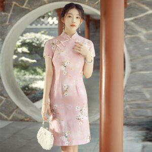 Summer New High Quality Real Silk Improved Mid-Length Printed Chinese Style Cheongsam Qipao Women’s Dress