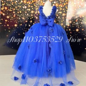 Treasure Blue Flower Girl Dresses Luxury 3D Floral Embroidered Tulle A-Line Long Customised Kids Party платье для девочки