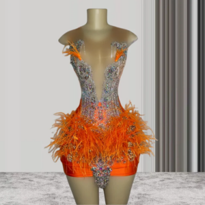 Feather Sheer African Cocktail Dresses Beaded Birthday Party Gowns Orange Short Black Girl Prom Dresses Homecoming Customized