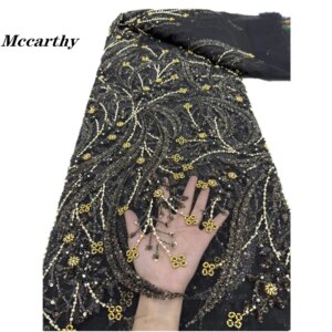 Black Sequin Lace Fabric 5 Yards Party Bridal Dubai Handmade Crystal Beads New High Quality Luxury African Beaded Tulle Sequence