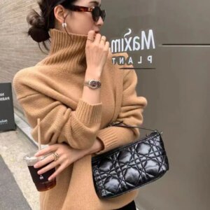 100% Pure Cashmere Turtleneck Sweater Women Autumn Winter Lazy Loose Fit Knitted Top