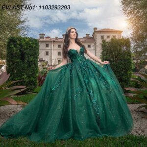 EVLAST Customized Mexican Dark Green Quinceanera Dress Ball Gown Floral Lace Applique Beading Sweet 16 Vestido De 15 Anos E1Q94