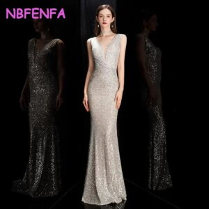 NBFENFA Champagne Color Evening Dresses Birthday Party Sexy V-neck Long Dress Fishtail Slim Sequined Gowns Vestidos De Noche