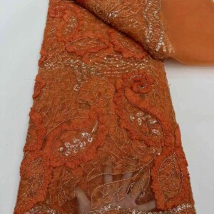 Oliver Green Beads Lace Fabrics 2025 High Quality Wedding Dress Burnt Orange Beaded Lace Fabric With Sequence For Sewing KB4736