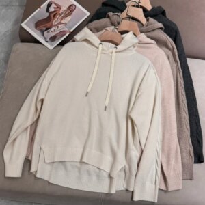 Women’s Cashmere Knitted Set Long Sleeve Hooded Cardigan and Elastic Waist Straight Long Pants Casual Female Suit
