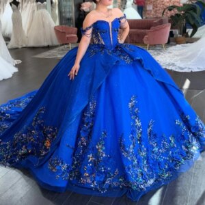 Royal Blue Shiny Quinceanera Dresses Ball Gown Off Shoulder Applique Flower Beads Tull Corset Sweet 16 Dress Vestidos 15 De Anos