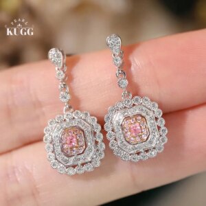 KUGG 100% 18K White Gold Earrings Romantic Shiny Style Real Natural Pink Diamond Drop Earrings for Women High Engagement Jewelry