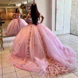 Pink Princess Quinceanera Dresses Ball Gown Off The Shoulder Tulle Appliques Sweet 16 Dresses 15 Años Customized