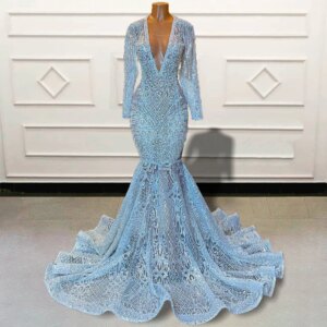 Luxury Mermaid Long Prom Dresses 2025 Sparkly Sequined Beaded Full Sleeves V Neck Girl Women Customized Formal Evening Gown