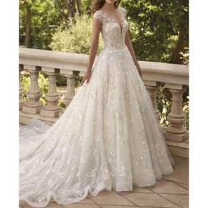 Gorgeous Lace Court Train O-Neck A-Line Wedding Dress for Plus Size Brides customized