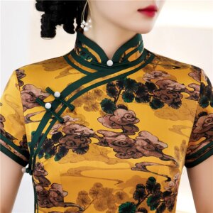Suzhou Cheongsam Qi Pao Wholesale Summer Retro Improve Chinese Style Imitation Xiangyun Yarn Wide-Brimmed Long Dress