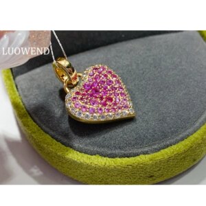 LUOWEND 100% 18K Yellow Gold Pendant Women Romantic Heart Shaped Natural Color Sapphire Necklace Pendant Luxury Diamond Jewelry