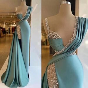 Customized Sexy Elegant Luxurious Deep V-neck Sleeveless Sparkling Beading Off Shoulder Evening Dresses For Women Fashion Solid