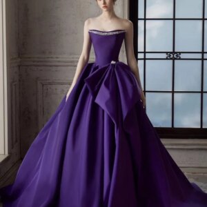 Elegance Purple Prom Dresses A-line Beaded Pleated Sleeveless Strapless Zipper Backless Floor Length Satin Formal Evening Gown