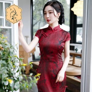 Fashion women light long cheongsam short sleeve hip oblique collar improved version