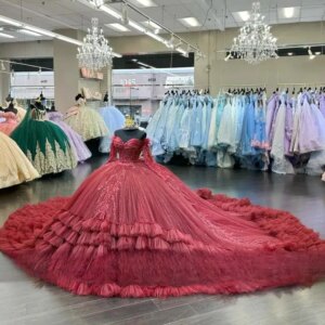 Customized Red Sweetheart Sequin Quinceanera Dresses Bead Applique Birthday Luxury Dress Tiered Ruffles Gown With Sleeve
