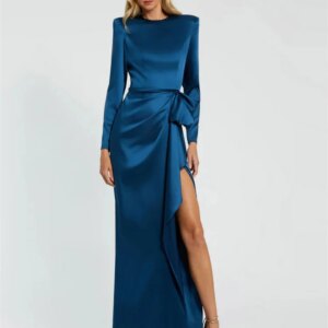 Customized Dark Blue Long-sleeved Evening Dress, Round Neck, Shoulder Pads, Bow At Waist, Ruffled Mother’s Dress With Slits